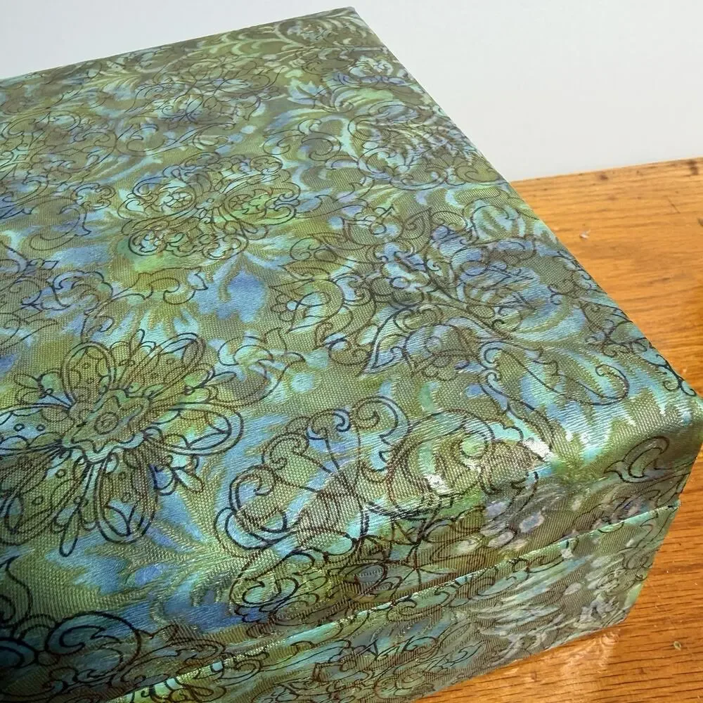 Mid Century Groovy Blue Green Floral Jewelry Box Velvet Lining Dresser Box 14